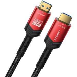 JSAUX Fiber Optic 8K Long HDMI Cable 100 ft 2.1 1 Pack 48Gbps Ultra High Speed HDMI Braided Cord, 4K@120Hz 144Hz, 8K@60Hz, HDCP 2.2&2.3, HDR 10, eARC Compatible with Laptop Monitor UHD TV PS5 PS4-Red (100ft)