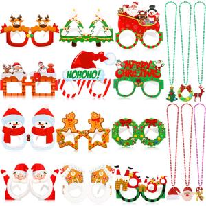42 Pcs Christmas Paper Eyeglasses and Christmas Novelty Bead Necklace Green Cosplay Glasses for Adults Party Favor Accessories Photo Props for Party Supplies