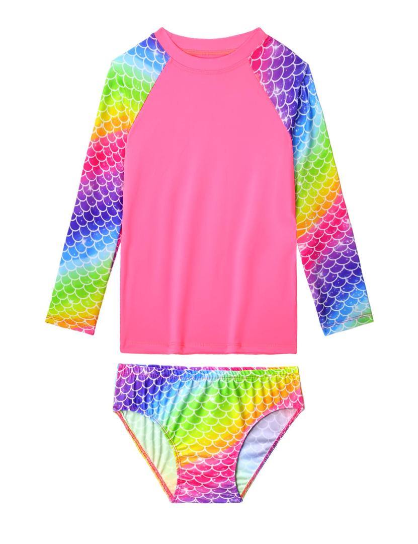 Girls Swimsuit Size 4t 5t Colorful Scale Print Long Sleeve Dark Pink Swimsuit Sets Two Piece Swimwear Sets
