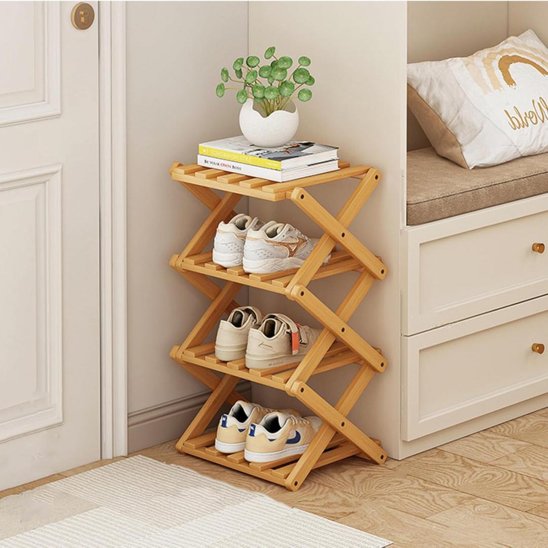 Foldable Shoe Rack, Bamboo Vertical Shoe Organizer Tall for Small Spaces. Multifunctional Narrow Shoe Shelf for Entryway, Closet, Corner, Bedroom, Hallway, Wood Color 4 Layers