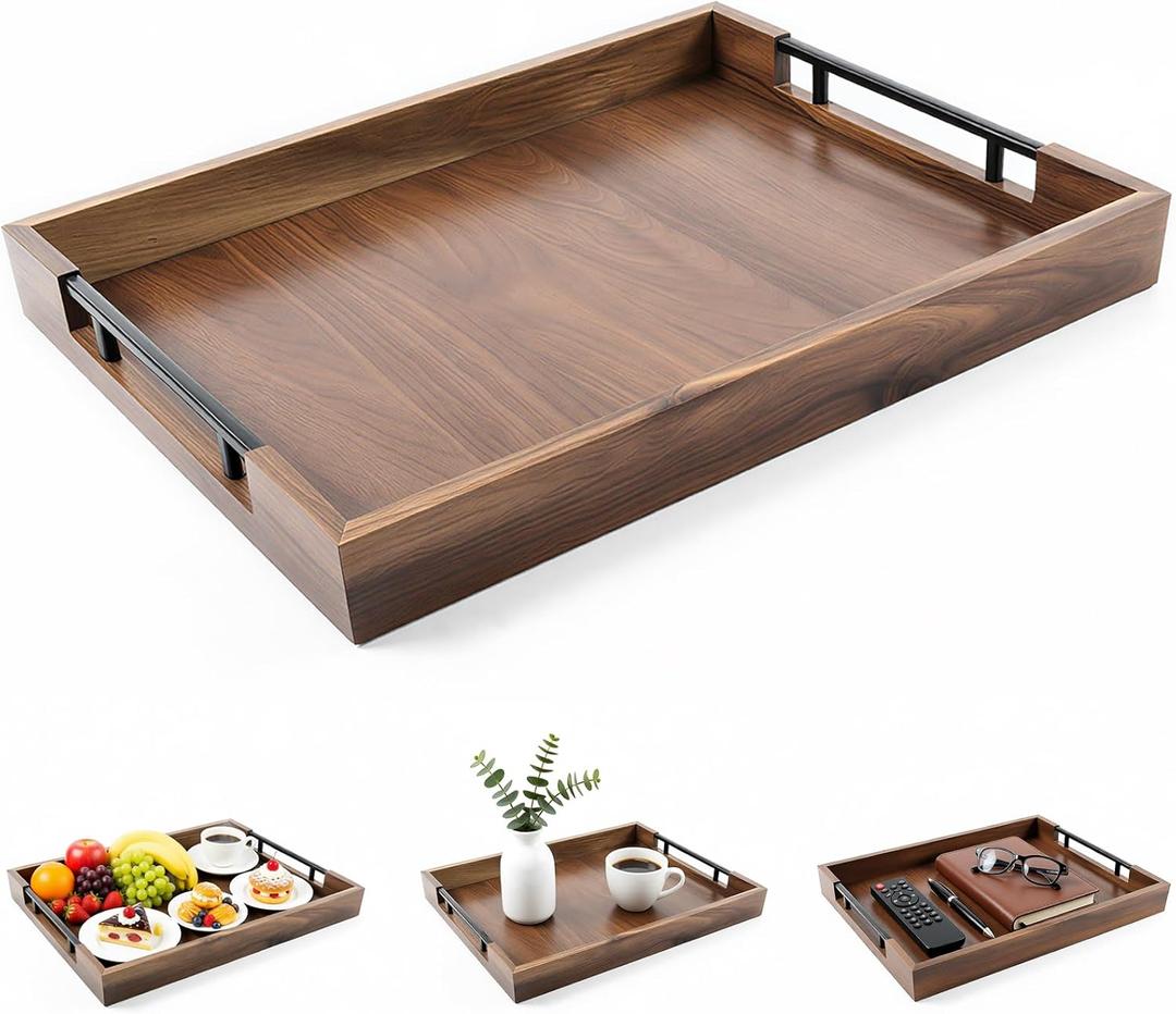 Acacia Wood Serving Tray, 17x13in Ottoman Tray with Metal Handles, Decorative Tray for Coffee Table, Rustic Wooden Breakfast & Drink Tray for Breakfast, Dinner & Bar, Storage Tray for Kitchen