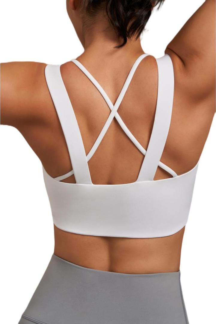 Strappy Sports Bra Criss Cross Back Padded Workout Bra with Wide Band Medium Support Yoga and Running Bra for Women (White, M)