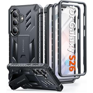 FNTCASE for Samsung Galaxy S26 Case: [Built-in Screen Protector & Kickstand] [2 Front Frames] [Military-Grade Drop Protection] Heavy Duty Shockproof Rugged TPU Case Full Body Protective, Black
