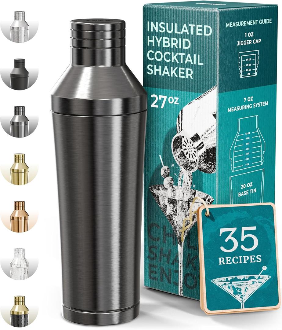 BARE BARREL Insulated Cocktail Shaker Set | Double Wall Stainless Steel | Martini Shaker for Home Bar Bartending | Built-in Drink Measure System & Strainer, Travel Bag, Recipes | Gift Set (Slate Gray)