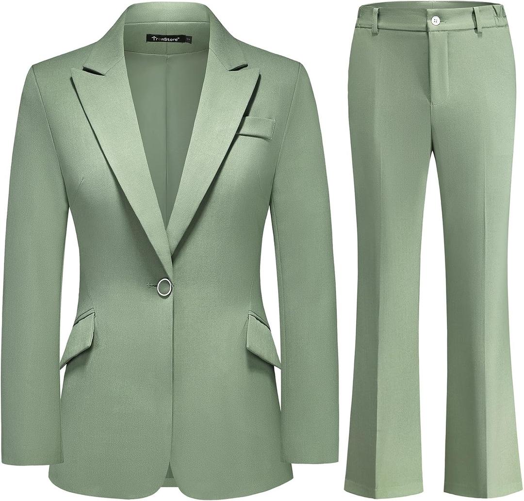 Women's Suit 2 Piece Set Pinstripe Blazer and Bootcut Dressy Pants Set for Work Office Business Outfits (Green, L)