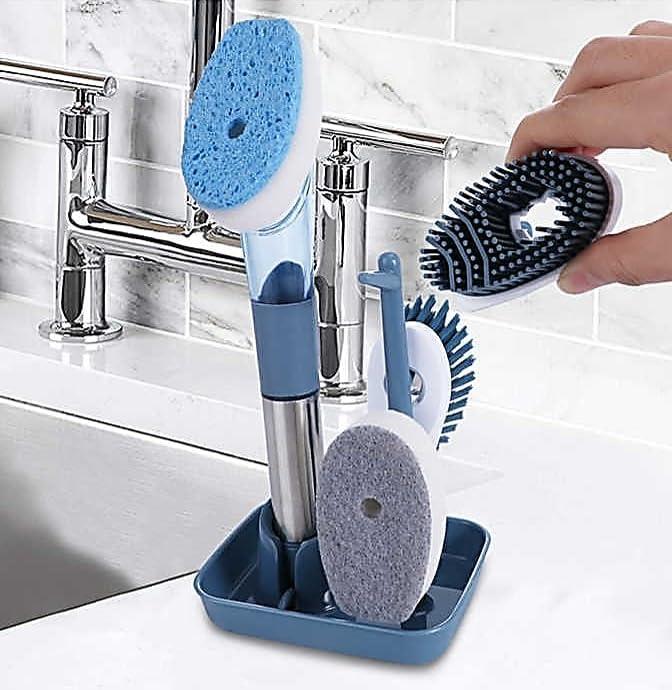 Soap-Dispensing Dish Washing Brush Set  Includes 4 Replaceable Heads & Stylish Storage Stand  Effortless Scrubbing for Dishes, Pots, Pans & Sinks (Blue)