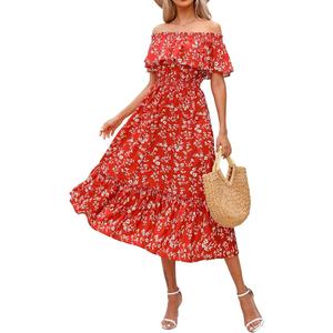 Prettywear Women's 2025 Spring Summer Boho Off Shoulder Midi Dress Floral Short Sleeve A Line Casual Beach Vacation Dresses XS