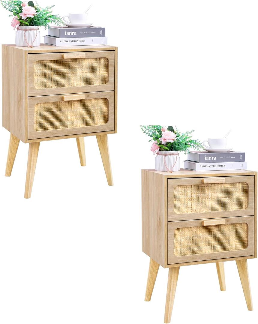 Rattan Nightstand Set of 2,Side Table with Hand Made Rattan Decorated Drawers,Boho Bedside Table,Wood Accent Table with Storage for Small Space,Livingroom, Bedroom, Natural CTG59Y-2 (Rattan - Natural)