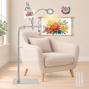 Needlepoint Stand, Adjustable Cross Stitch Floor Stand with Lighted Magnifier Stainless Steel Embroidery Stand with Side Clamp Crab, Rotating Frame Stand, Hoops & Scroll Rods up to 20"