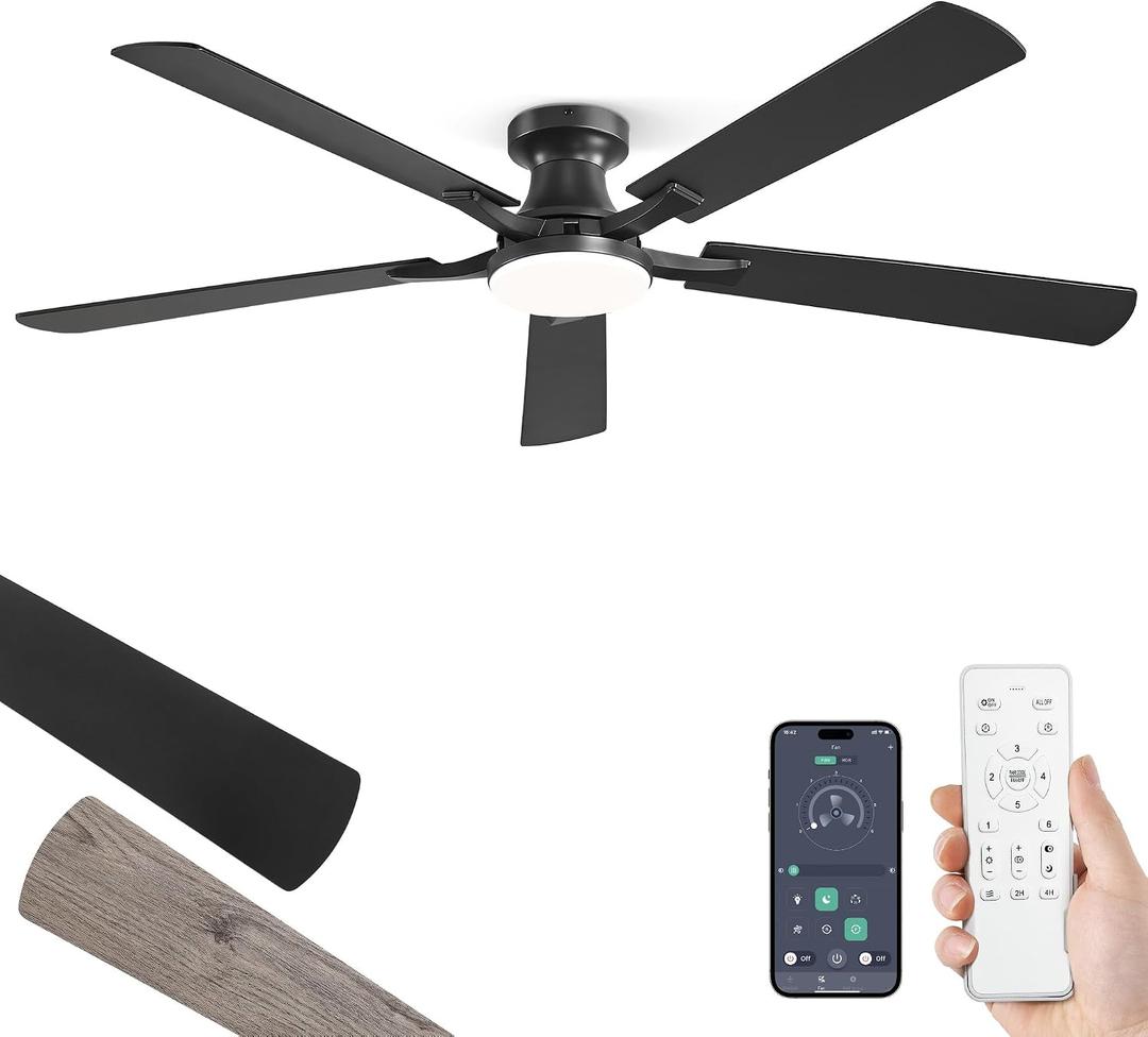 ZMISHIBO 60 Inch Ceiling Fan with Light, App&Remote Control, Flush Mount Low Profile, Dimmable 20W LED Light, Quiet Reversible Motor for Bedroom, Living Room, Apartment, Black