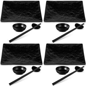 16 Pcs Sushi Plate Set for Four, 4 Japanese Style Sushi Plates 4 Soy Sauce Bowls 4 Pair Chopsticks and 4 Chopstick Holders Sushi Dinner Dinnerware Set
