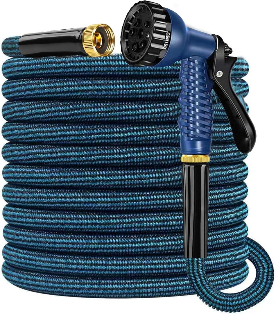 25FT Ultra-Flexible Garden Hose, No-Kink No-Twist Design with 7-Function Spray Nozzle, All-Weather Puncture Proof Lightweight Hose for Gardening, Patio and Car Wash(black+blue 25FT)