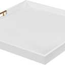 18×20 Inches White Faux Leather Coffee Serving Tray Decorative Ottoman Trays with Gold Metal Handles Decor for Living Room Rectangle Large Bed Breakfast Organizer for All Occasions Multipurpose Using