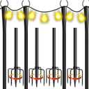 4 Pack 10Ft String Light Poles, Metal Poles with Fork for Outside Lights,Outdoor Metal Light Stand with Fence Brackets Hanging Lights for Garden Patio Wedding Backyard Deck Party