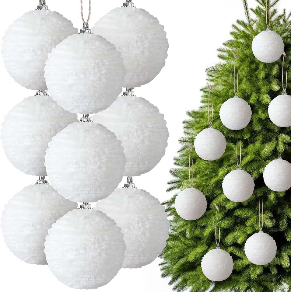 Hungdao 9 Pcs White Christmas Ornaments Velvet Ball Flocked Chenille Christmas Tree Ball Ornaments Decorative Xmas Hanging Decoration for Xmas Tree Decor, 2.36 Inch