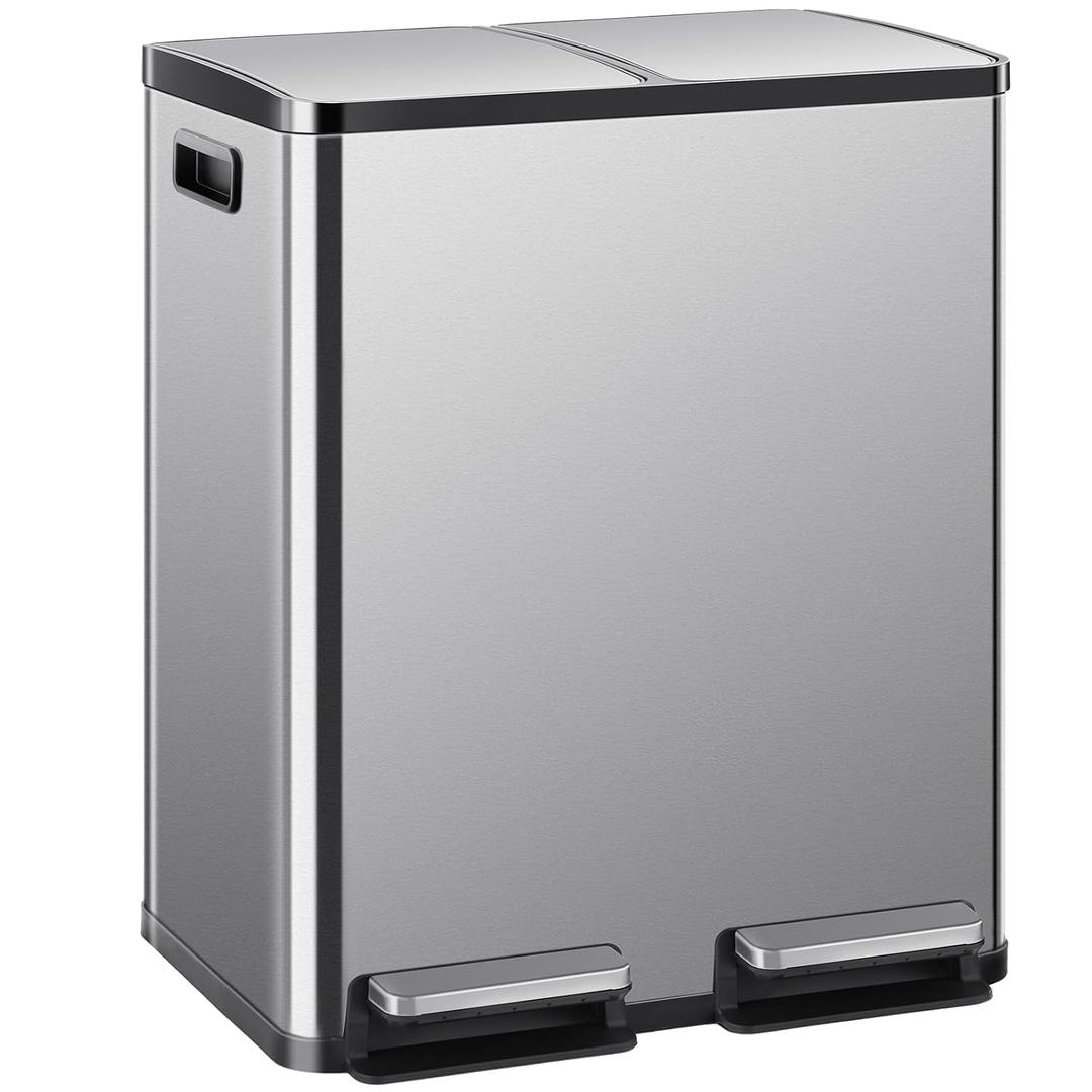 DUMOS Kitchen Trash Can, 2x8-Gallon Dual Trash Can with Lid, Stainless Steel Garbage Bin with 2 Removable Inner Buckets, Soft-Close Foot Pedal, Fingerprint-Resistant for Kitchen, Home, Office