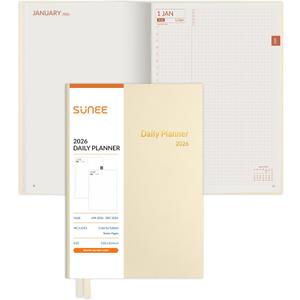 SUNEE 2026 Daily Planner A5 Hardcover  Hourly Schedule Organizer with Monthly Tabs & Task Tracker  Beige Cover Time Management Notebook for Work, School, Personal Goals