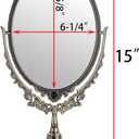 JUXYES Metal Tabletop Antique Decorative Makeup Mirror with Stand, Vintage Swivel Double Sided Cosmetic Mirror with Frame, Retro Desktop Oval Dressing Mirror for Bathroom Bedroom