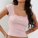 Multitrust Women Square Neck Shorts Sleeve Cropped T Shirts Slim Fit Lace Trim Crop Top Y2K Ribbed Shirt Going Out Tops Tee (Pink, M)