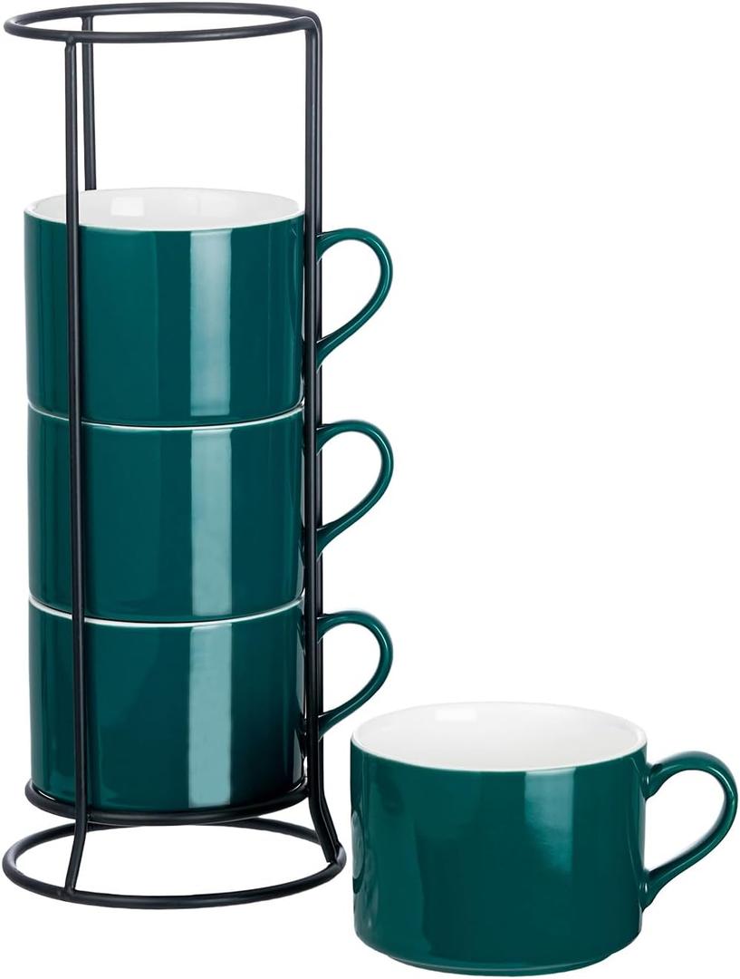 10oz Porcelain Stackable Coffee Mugs and Metal Stand Set of 4, Espresso Cups Set for Hot Drinks, Cappuccino, Tea-Green