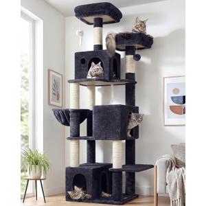 Globlazer Cat Tree Tall, 71 inches Cat Tower for Indoor Adult Cats Multi-Level 3 Condos for Indoor Cats XL Cat Tree Tower with Scratching Posts, Soft Extra Large Hanging Basket, F71, Dark Gray