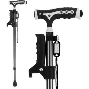 Hold 440 Lbs Walking Cane for Men & Women Aluminum Alloy Lightweight Height Adjustable Walking Stick Heavy Duty Foldbale Free Standing Cane with LED for Seniors Adults (Black)