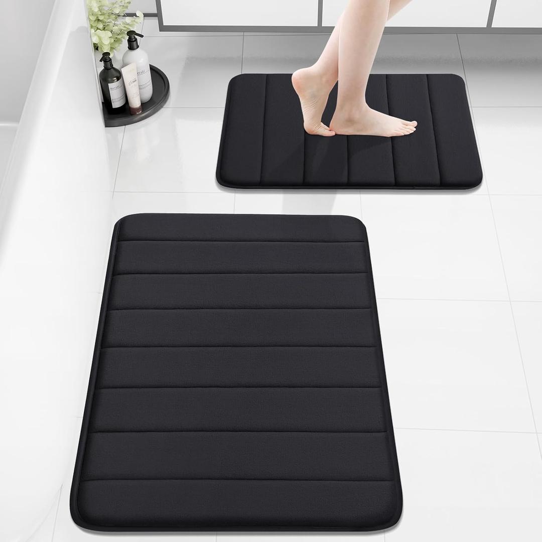 Buganda Bathroom Rug and Mat Set, 2 Piece Memory Foam Bath Mat Set, Machine Wash Dry, Soft Non Slip Absorbent Bath Rug for Bathroom, Shower and Tub (30" x 20"+24" x 16", Black)