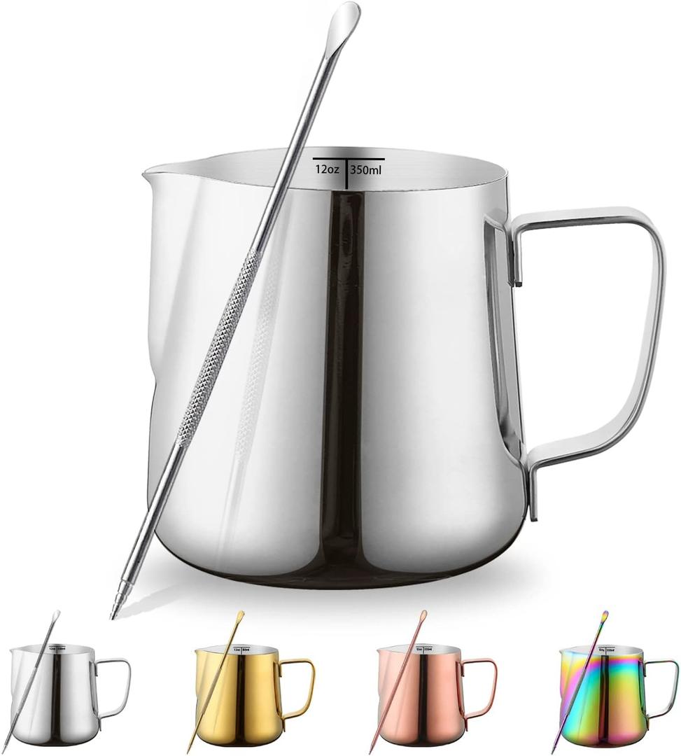 Milk Frothing Pitcher 12oz - 350ml, Kyraton Stainless Steel Espresso Steaming Pitchers with Decorating Pen,Milk Coffee Frother Cups Cappuccino Latte Art Barista Steam Pitchers Milk Jug Cup (Silver)