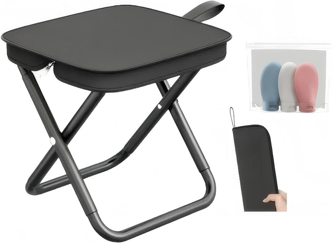 Portable Stool, Camping Stool 12inch Portable Folding Stool Small Folding Chair, Telescopic Compact Foldable Stool for Camping, Hiking, Outdoor Concert(3Pcs 60ML Travel Bottles Gift)