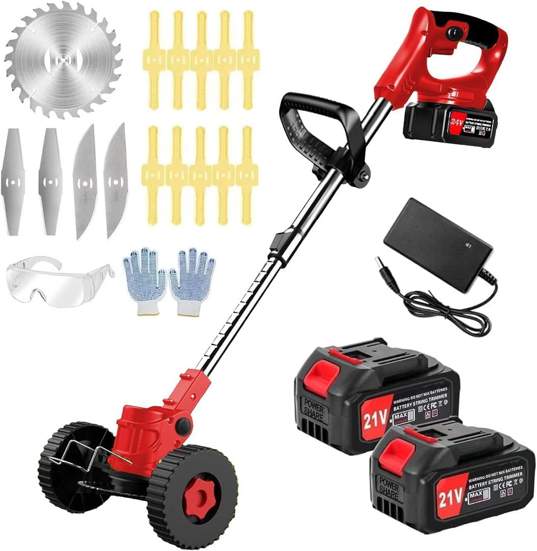 Electric Weed Wacker Cordless with Wheels, 2pcs Batteries&4 Types Blades,Lightweight, Low Noise Weed Trimmer 21V stringless Weed Wacker, Grass Trimmer/Brush Cutter/Edger, for Thick Weeds&Yard Garden, 33~47 inches