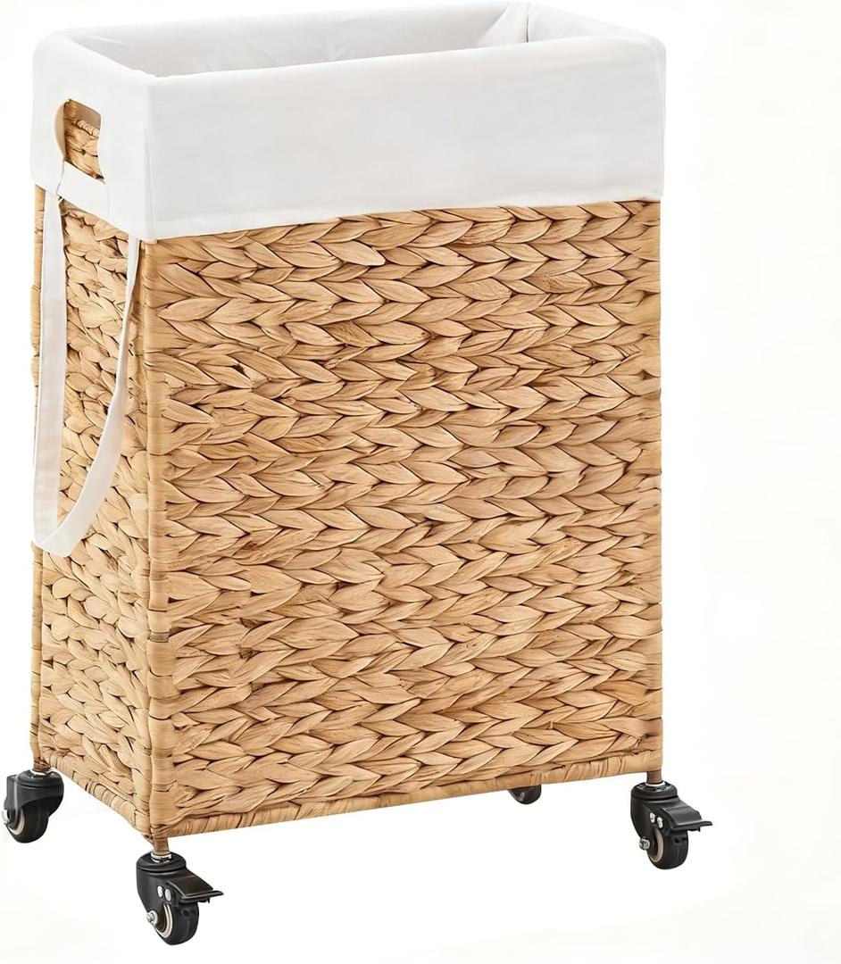 Rolling Laundry Hamper with Wheels, Slim Laundry Basket with Removable Liner Bag & 2 Mesh Bags, Handwoven Water Hyacinth Clothes Hamper for Bedroom Bathroom (Natural, 50L)