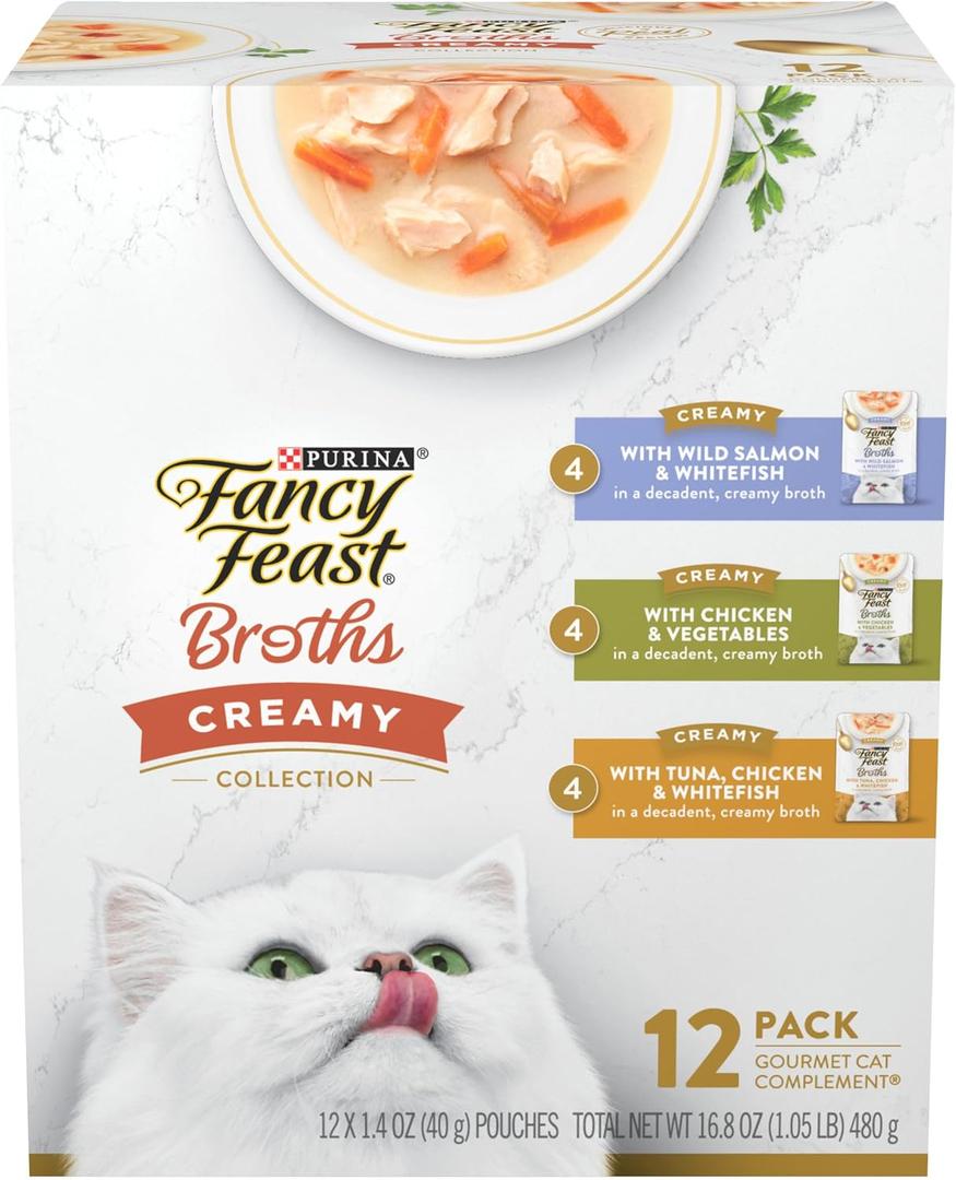 Purina Fancy Feast Lickable Broth Topper Complement Creamy Wet Cat Food Variety Pack - (Pack of 12) 1.4 oz. Pouches, Best If Used By JUL 2027