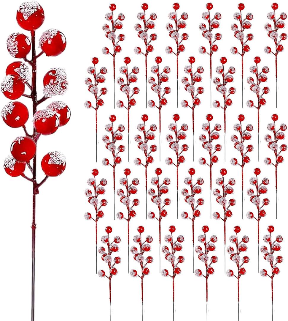 30 Pack Artificial Red Snowy Berry Stems, Christmas Tree Decorations, 8 Inch Snow Red Frosted Spray Holly Berries Picks Christmas Tree Filler Branches Ornaments Holiday Winter Decor
