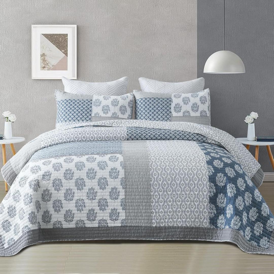 Finlonte Twin Quilt Set, 100% Cotton Twin Comforter Set, Blue Grey Farmhouse Quilted Bedspread, Patchwork Lightweight Reversible Quilt Bedding Set for Twin Bed, 2-Pieces (Twin (68"x86"))