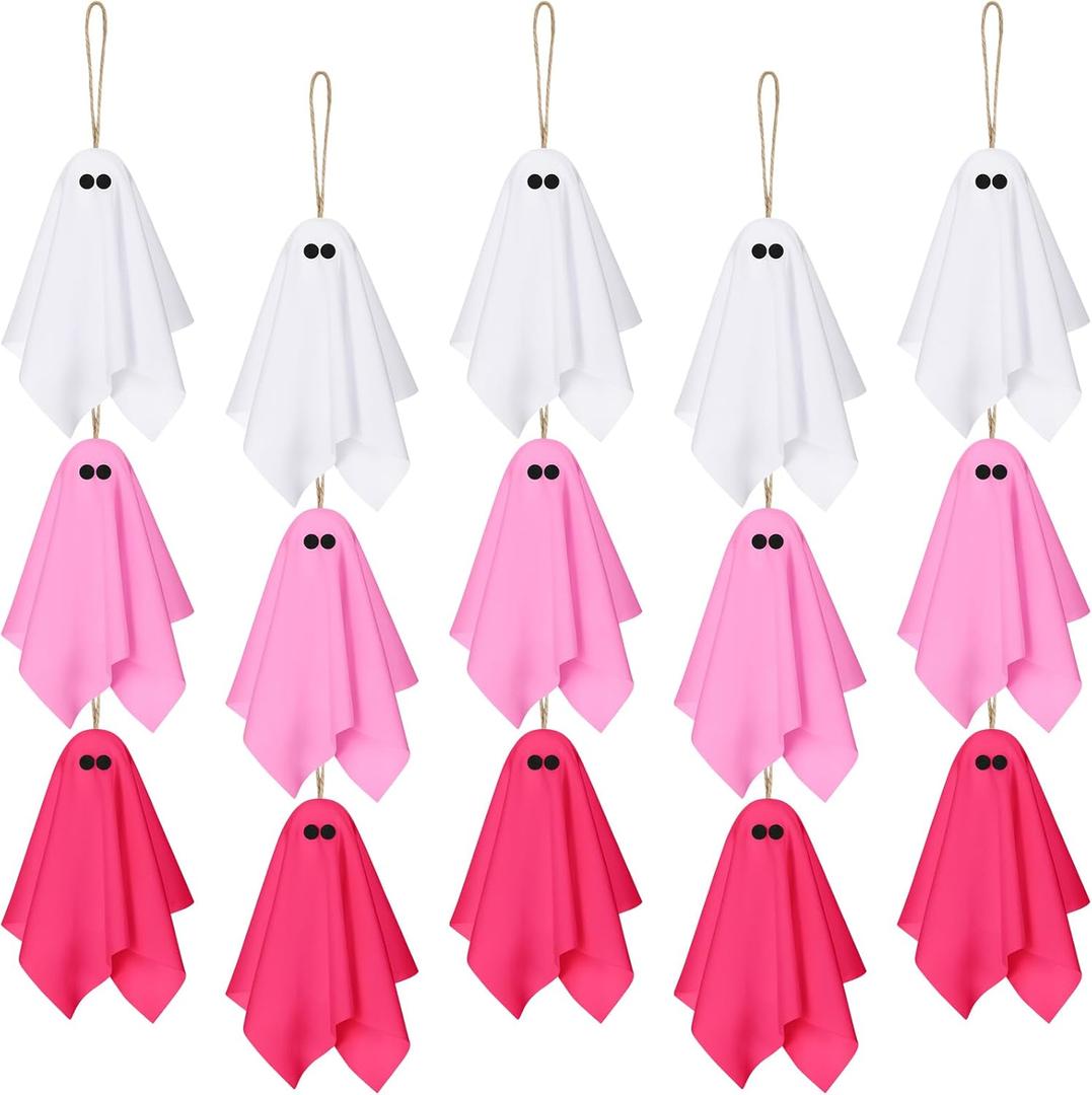 Tegeme 15 Pcs Pink Halloween Ghost Decor Pastel Hanging Ghosts Halloween Decor 4 Inch Pink Decoration Indoor Outdoor Hanging Tree Ornaments for Home Garden Holiday Party
