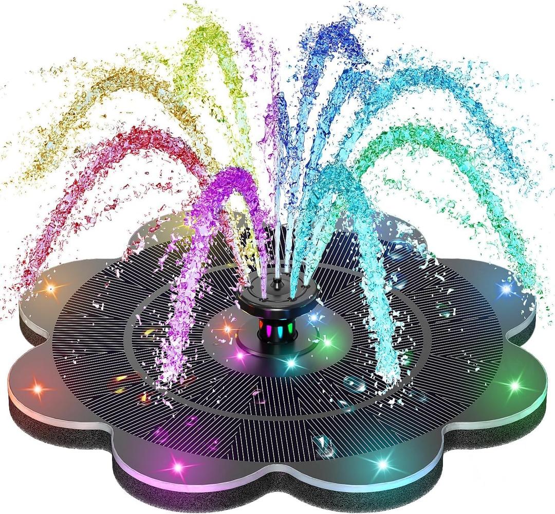 SZMP Flower Shape 3.5W Solar Powered Water Fountain with 2000mAh Battery & Colorful RGB Light Show, Anti-Drift Fixer & 7 Nozzles, Solar Fountain for Bird Bath, Garden Decor