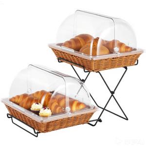 2 Pack Bread Basket Serving Display Tray 13x10.6 In with Clear Roll Top Cover and Metal Display Stand for Snacks Cookies Bakery Pastry Display Rack