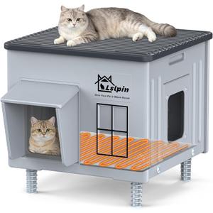 Indestructible Heated Cat House for Outside Cats Winter,Weatherproof & Insulated & Elevated Feral Cat House with Escape Door, Outdoor Indoor Cat Shelter for Stray Barn Cat 17.7×17.7×17.5