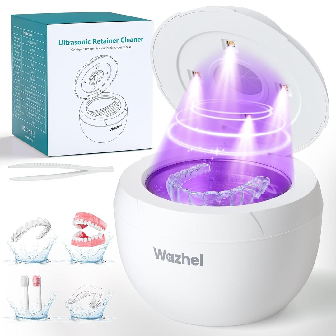 Ultrasonic Retainer Cleaner Machine, 45kHz Dental Cleaning Pod for Denture, Mouth Guard, Night Guard, Aligner, Braces, Toothbrush, 200ML Denture Cleaner with Digital Timer & 4 Modes, White