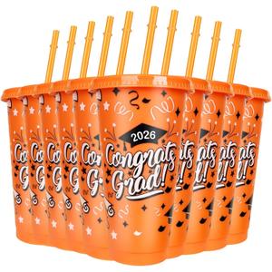 12 Pieces 2026 Graduation Plastic Cups with Lids and Straws 24 Oz Reusable Graduation Plastic Drinking Cup Class of 2026 Graduation Party Supplies for Graduation Hot Cold Drink Decorations (Orange)