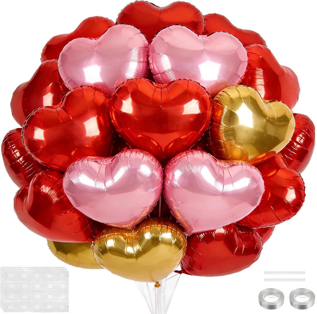 18 Inch Red & Pink & Gold Heart Balloons, 30 Pcs Foil Heart Shaped Balloon Large Foil Valentines Balloons Helium Support for Valentine's Day Wedding Bridal Engagement Party Anniversary Decorations