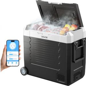 VEVOR Car Refrigerator, DC 12/24V AC100-240V Compressor Electric Cooler, -4F to 68F Truck Refrigerator with APP Control, Wheels & Dual Zone, 58 QT Cars Cooler for RVs, Boats, Camping, Fishing, 27.20 x 15.35 x 22.83 inch
