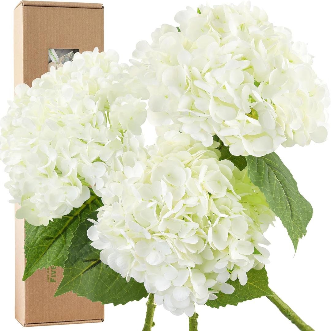 FiveSeasonStuff Fresh Snowy White Real Touch Hydrangea Flowers  3 Large Stems Artificial Floral for DIY Bouquets, Home Styling, Centerpieces, Table Decor  Gift Box Included