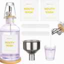RELBRO Glass Mouthwash Dispenser for Bathroom, 11.8 OZ Refillable Mouthwash Container with Cup, Auto Pour Spout, Bamboo Tray, Funnel, Stickers, Clear, 1 Pcs