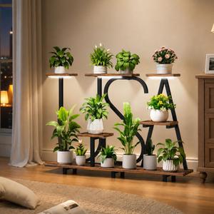 Plant Stand Indoor with Grow Lights - Enlarged 6 Tiered Plant Shelf with Grow Light, 32" USA-Shaped Plant Stand Holds 12 POTS Indoor Plants, Metal Plant Shelf for Home, Living Room, Patio