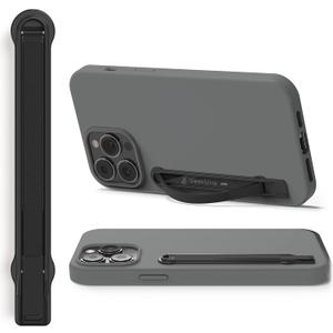 SleekStrip SleekGrip-Premium Ultra Thin Phone Grip Stand,Slim Metal Finger Loop Ring Hand Holder Strap Cell Phone Grips for iPhone 16 Pro Max,17,Android,Case Back - Gunmetal x Black Vegan Leather