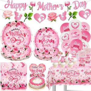 Mother's Day Plates and Napkins Set Pink Floral Happy Mothers Day Decorations Including Banner Cups Balloons Cake Toppers for Best Mom Day Party Supplies
