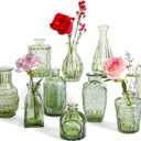 Vintage Small Glass Vases Set of 10,Mini Bud Vases for Flowers,Amber Glass Vases for Centerpieces,Wedding Decorations,Home Table Flower Decor (Hunt Green)
