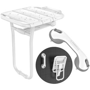 Upgraded Folding Shower Chair & Bench, Wall Mounted Heavy Duty Shower Seat w/ Legs & Assist Suction Grab Bar - 500lbs Capacity for Elderly, Adults & Pregnant Users