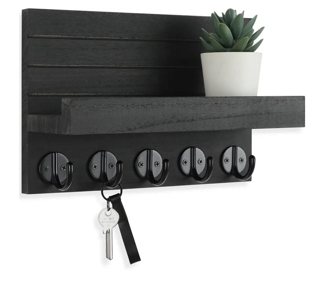 Key Holder for Wall, Decorative Key and Mail Holder with Shelf Has Large Hooks for Bags, Coats, Umbrella – Paulownia Wood Key Hanger with Mounting Hardware (9.8”W x 6.7”H x 4.2”D)